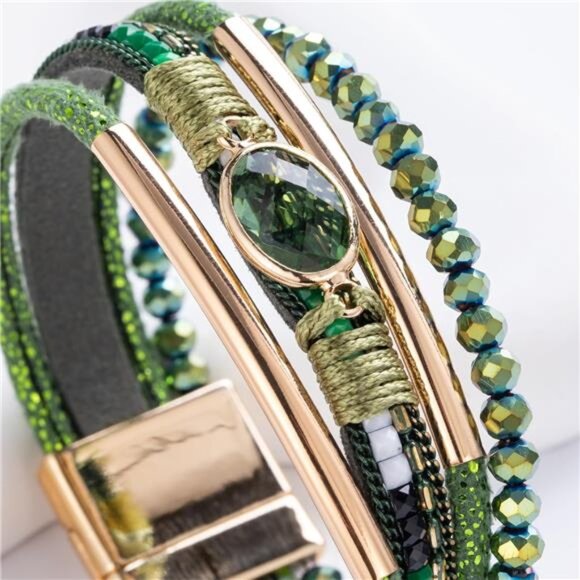Green Leather Wrap Bracelet Crystal Beads Boho Stone Cuff Charm Jewelry Women - Picture 5 of 7